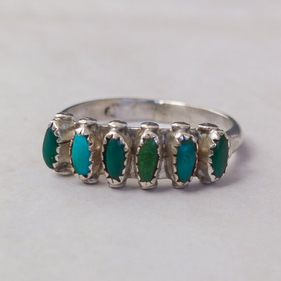 H. Lonjose Zuni Sterling Turquoise Row Ring — Size 7.5 - Picture 9 of 15